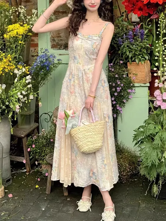 法式甜美高级设计感网纱开衫女海边度假风收腰仙女碎花吊带连衣裙