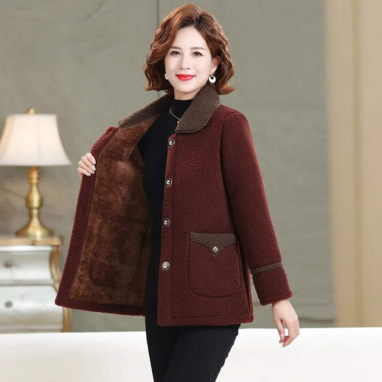 妈妈秋冬颗粒绒外套加绒上衣洋气小棉袄新款中老年女冬装保暖上衣