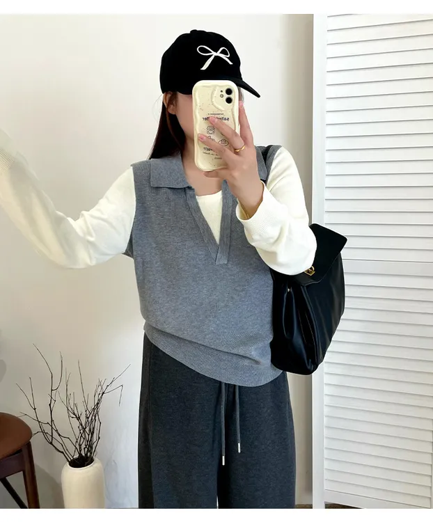 大码女装撞色假两件polo领上衣女休闲毛衣2025秋胖mm针织衫369