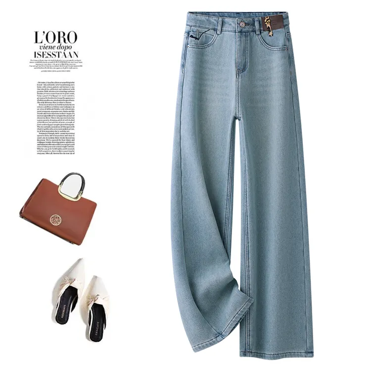 加绒加厚浅蓝色阔腿牛仔裤女秋冬2024爆款宽松显瘦垂感窄版直筒裤