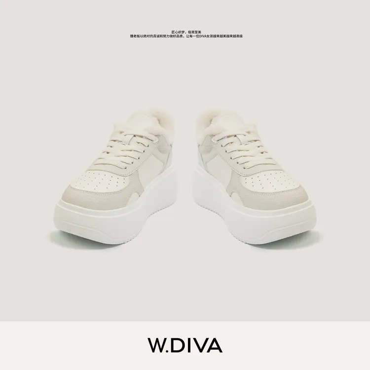 W.Diva【奶霜】秋冬百搭真皮厚底增高小白鞋毛毛休闲鞋54X093350
