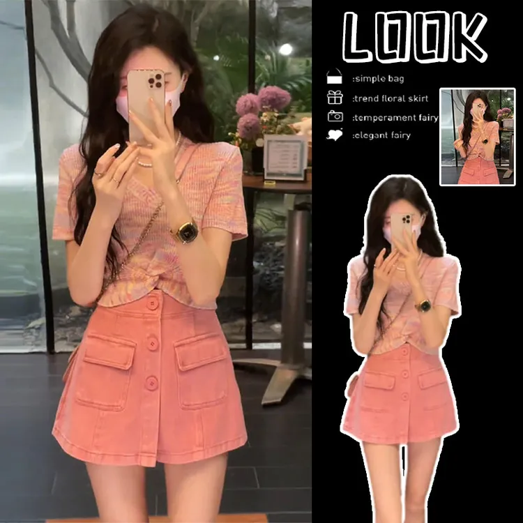 时尚甜美网红炸街女夏季设计感套装洋气短款针织上衣高腰牛仔裙裤