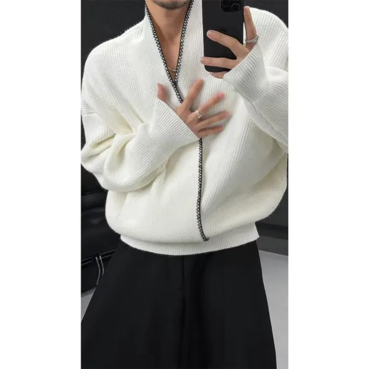 cleanfit白色V领毛衣男款秋季软糯慵懒风针织衫高级感情侣毛线衣