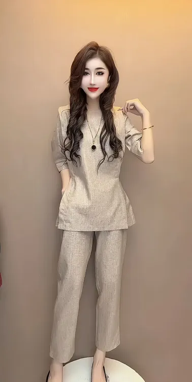 夏季新款时尚百搭气质宽松显瘦休闲亚麻中长款上衣九分裤两件套装