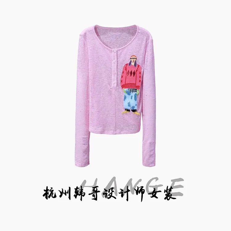 【韩哥女装】夏季欧货设计师粉色人物拼贴皮肤衣长袖衫8178-B4