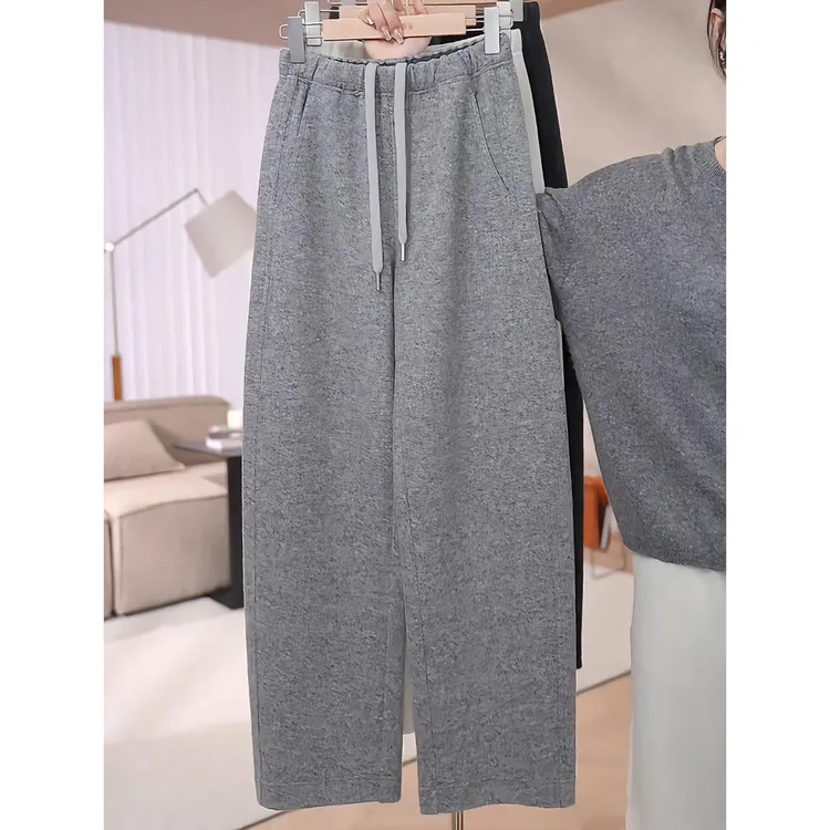 浅灰色羊毛呢弯刀裤女士2025新款休闲运动裤秋冬季抽绳阔腿卫裤子