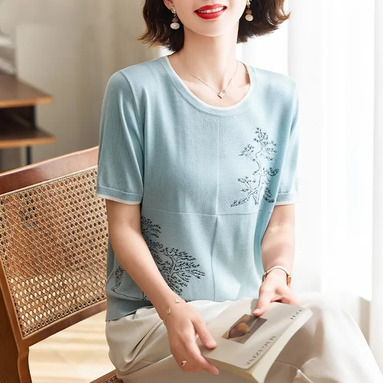 洋气妈妈夏装短袖上衣中年女装2025新款圆领t恤中老年冰丝小衫薄