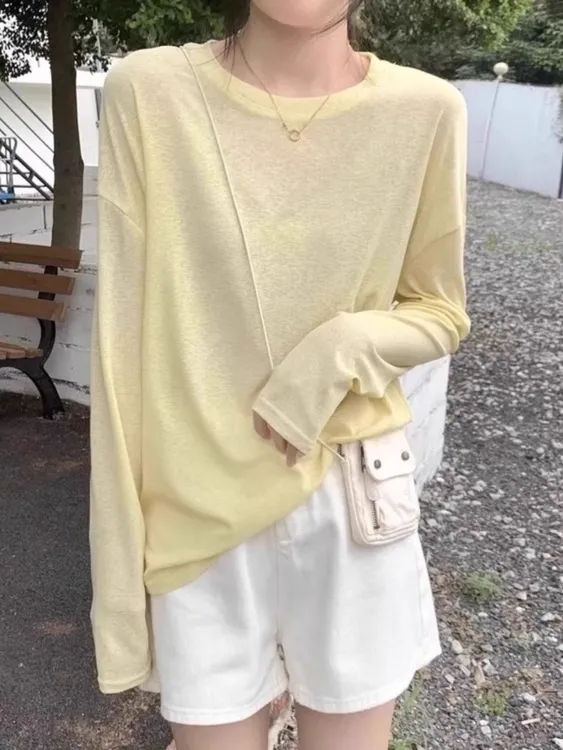 黄色圆领冰丝长袖T恤女2025春夏季宽松慵懒松弛感防晒衫薄纱上衣