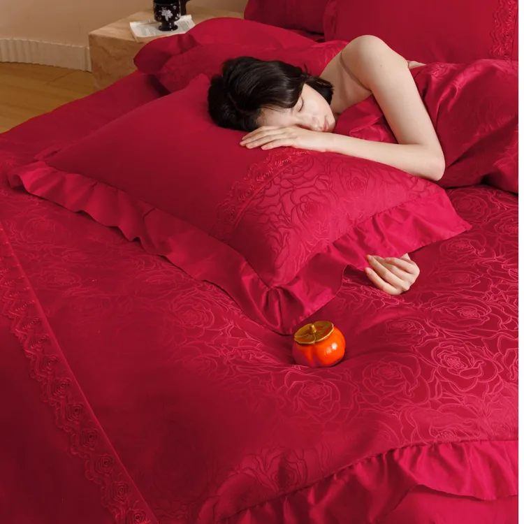 南通家居法式全棉结婚四件套大红色提花结婚床上用品四件套高档