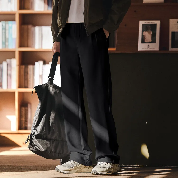 格蓝鹿高端潮牌复古毛呢垂感休闲裤男秋冬宽松直筒软糯阔腿裤子男