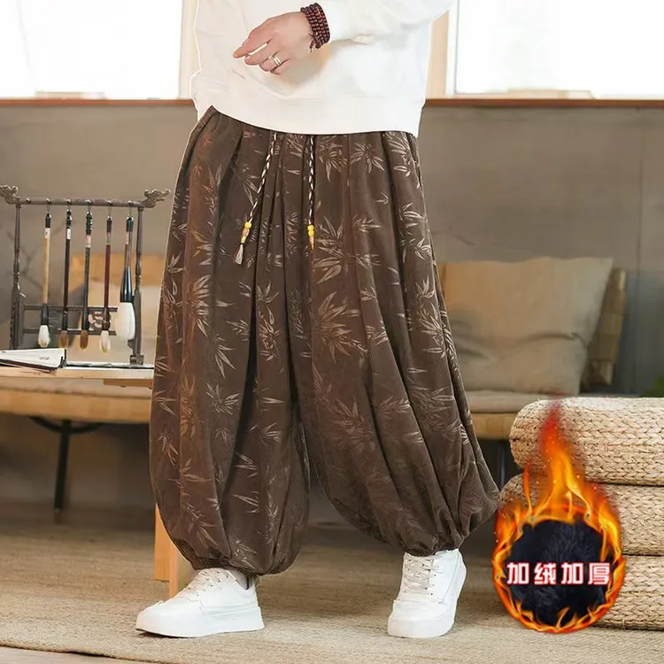 加绒加厚秋冬灯芯绒大码灯笼裤宽松小脚阔腿裤中国风束脚哈伦裤男