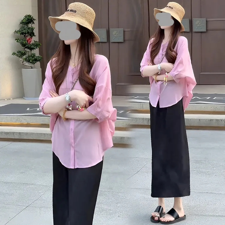 御姐气质休闲两件套女2025夏季宽松显瘦纯色衬衫高腰小个子半身裙
