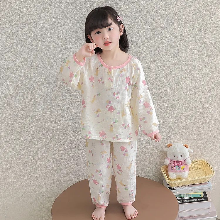女童睡衣春秋薄款纯棉女孩宝宝长袖空调服儿童洋气纱布家居服套装