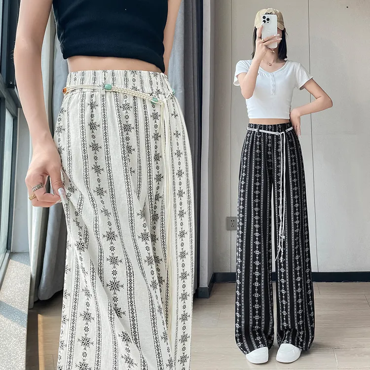 度假风印花天丝亚麻高腰阔腿休闲裤女夏季薄款冰丝防晒拖地裤1958