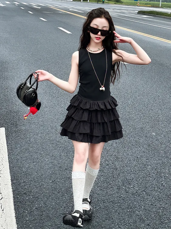 女童气质夏季荷叶边纯色小黑裙蛋糕裙儿童小众背心连衣裙蓬蓬裙