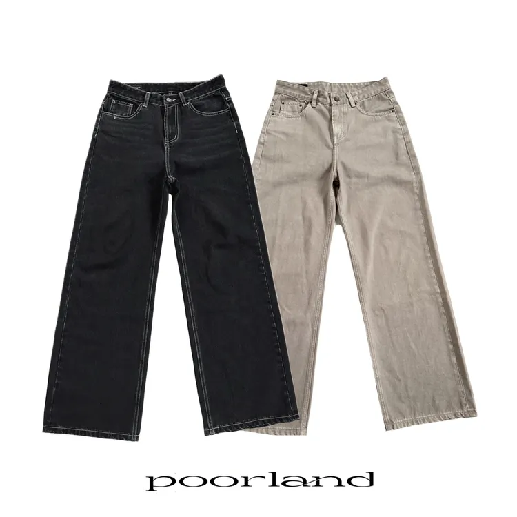 14盎司黑色卡其色水洗直筒微喇阔腿A字牛仔裤poorlandCNZ02