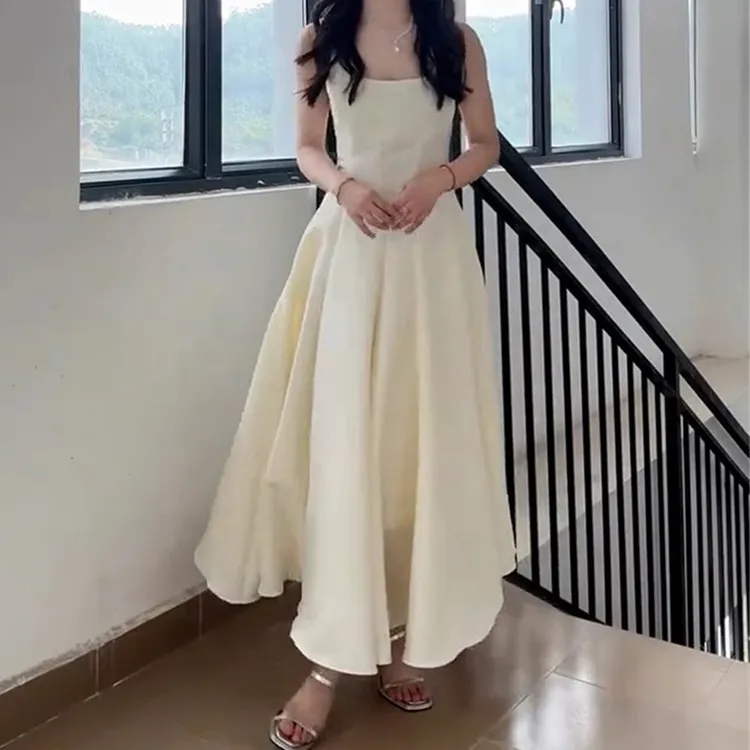 法式气质方领吊带连衣裙女夏2025新款绝美收腰A字拼接背心长裙子