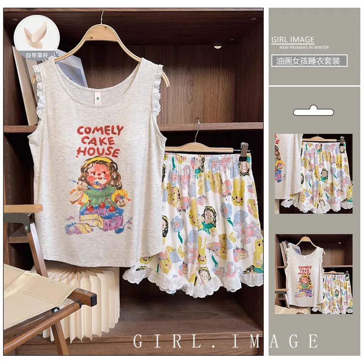 花边背心睡衣2025夏季新款带胸垫套装无袖卡通短裤家居服可外穿