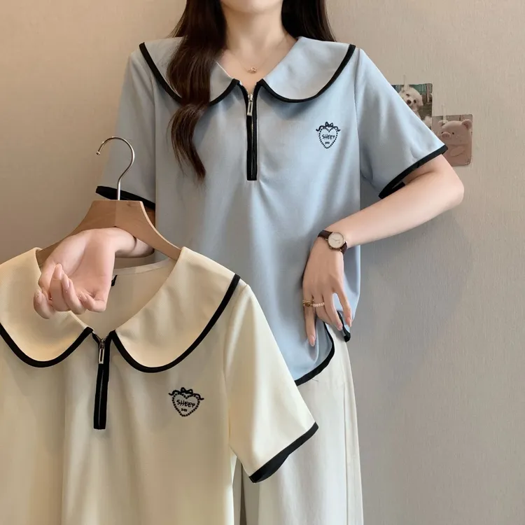 2025夏装新款大码女装撞色娃娃领半拉链上衣正肩别致短袖T恤64037
