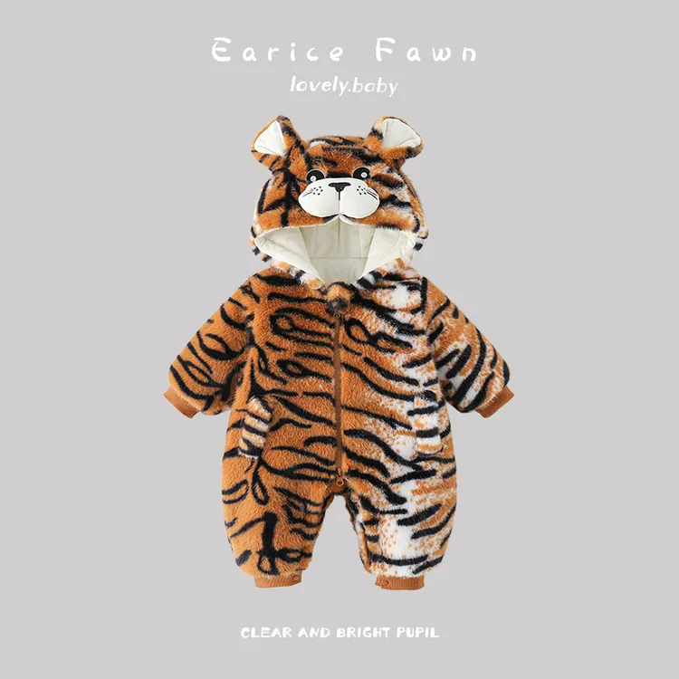 DZ婴儿衣服冬季加厚加绒棉衣宝宝冬天连帽夹棉连体衣可爱老虎爬服