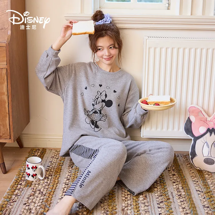Disney迪士尼羊绒蚕丝秋冬长袖长裤带胸垫女休闲舒适家居服0219