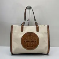 95新 TORY BURCH/汤丽柏琦  Ella棕拼帆布手提包34*26*13E011213