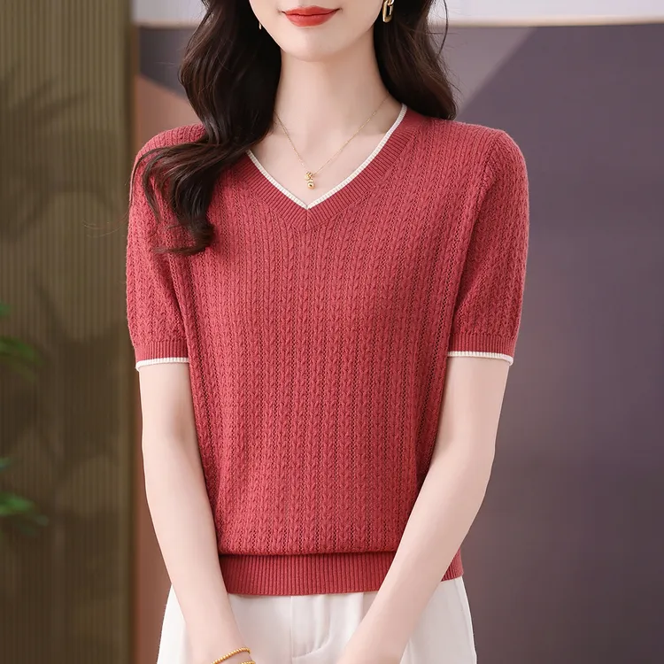 夏季新款短袖提花T恤女时尚百搭宽松镂空薄款上衣洋气休闲针织衫