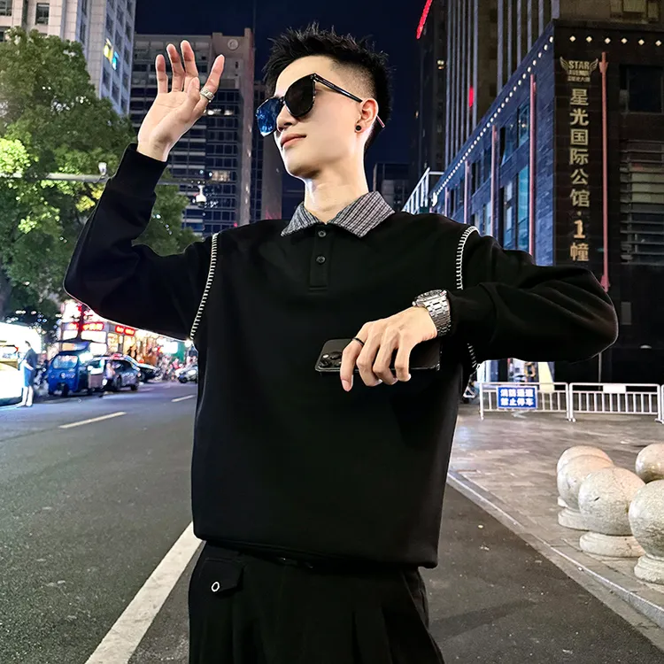 卫衣男款秋季2025新款爆款撞色格子翻领长袖打底衫青少年休闲外套