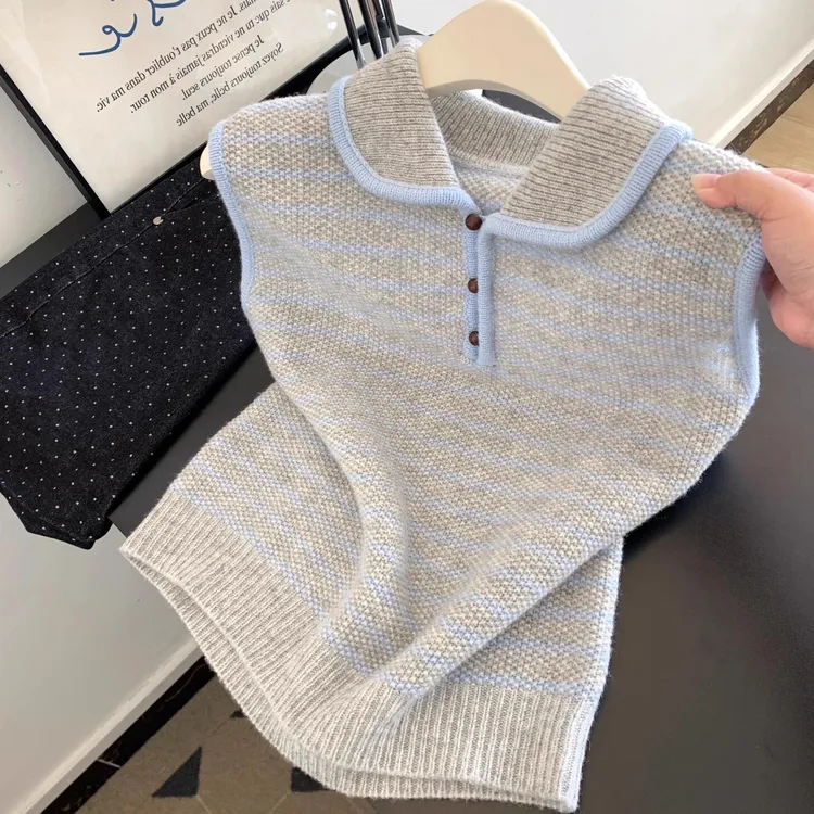 自留爆款推荐~韩系高级感撞色条纹polo领针织马甲女秋季无袖上衣