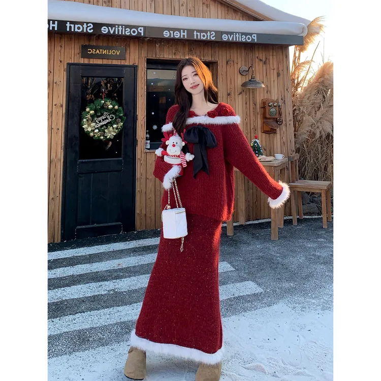 圣诞节氛围感穿搭套装蝴蝶结长袖毛衣半身裙两件套秋冬季针织裙子
