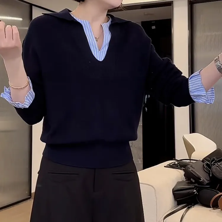 设计款假两件撞色拼接条纹针织衫女2025新款早春小众百搭时12514