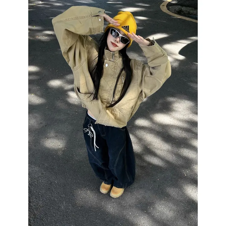 卡其色巴恩风工装外套男秋季boxy美式复古bomber帆布短款立领夹克