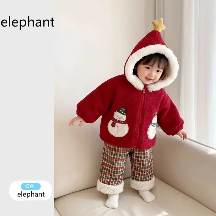 女童套装2025冬季新款女宝宝可爱卡通雪人连帽外套儿童格子棉裤