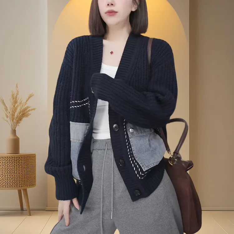 藏青色优雅V领针织衫秋装女款爆款2025新款复古慵懒毛衣开衫外套