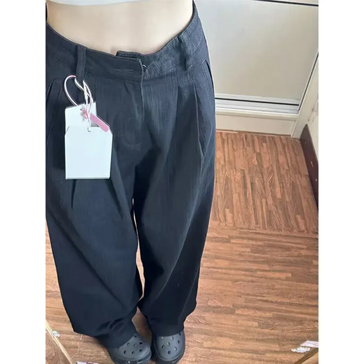 美式复古黑色高腰西装牛仔裤女春秋新款宽松阔腿别致百搭直筒长裤