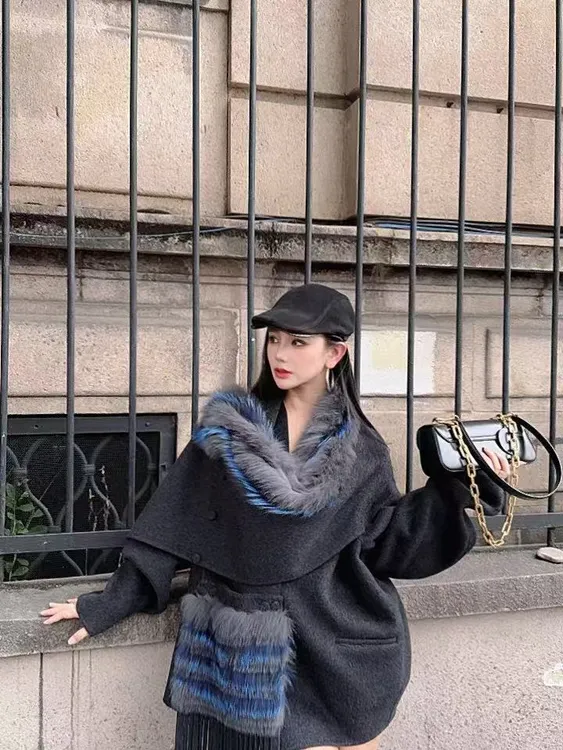 （顶流气场）原创计设师款狐狸毛羊绒新款大版双面大衣25349