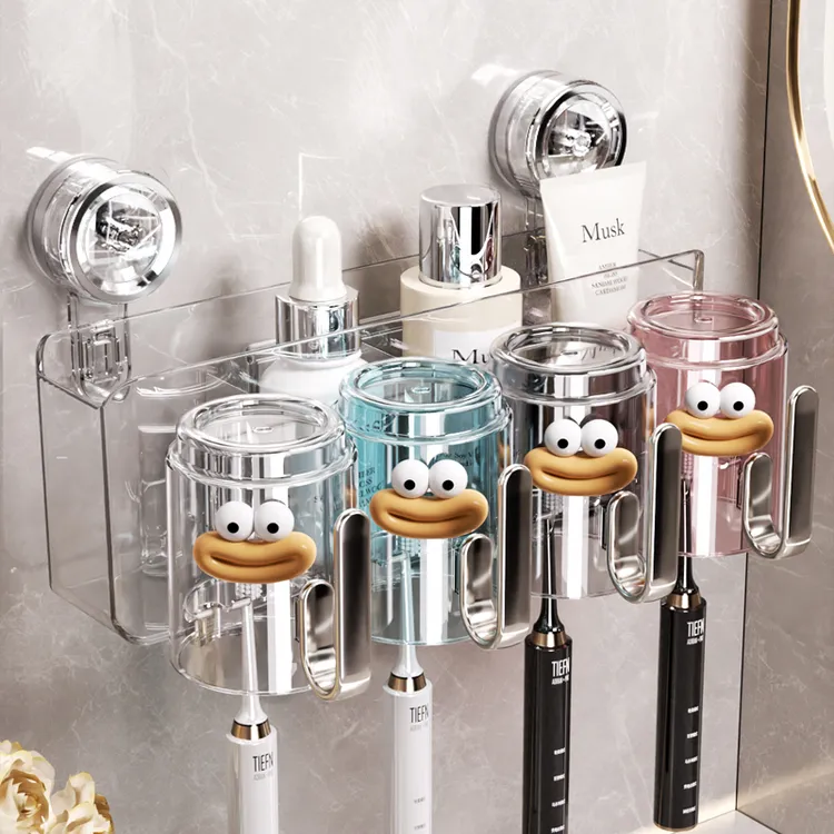 吸盘牙刷置物架免打孔卫生间带把手刷牙漱口杯壁挂式收纳牙刷架子