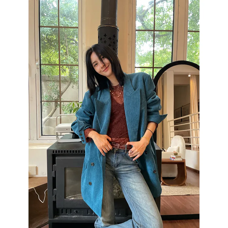 JCCC影子【雀之】蓝色复古绒面高级感戗驳领西装外套JE5BAE10