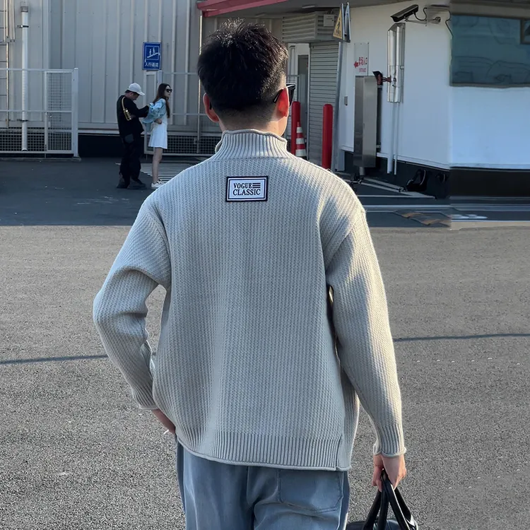 ins慵懒风纹理开衫春秋季高品质休闲百搭翻领针织上衣外套毛衣男