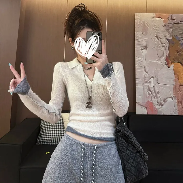老钱风松弛感女装polo领拼接长袖针织衫秋季修身显瘦百搭小上衣