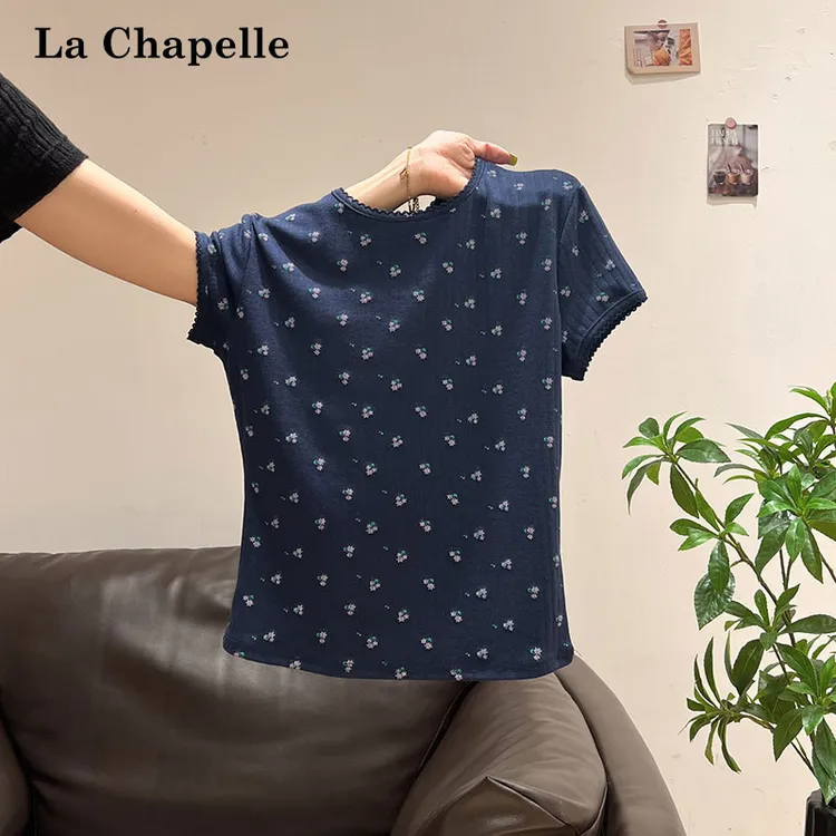 拉夏贝尔藏青色独特印花蕾丝拼接圆领短袖T恤女夏季修身显瘦上衣