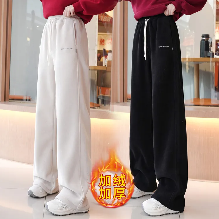 8-18岁女童条绒加厚加绒窄版直筒裤冬季学生保暖休闲百搭外穿长裤