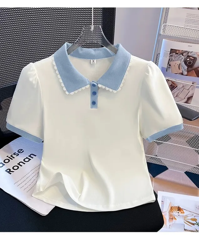 女童正肩短袖t恤中大童2025年新款学院风上衣撞色小清新polo衫潮
