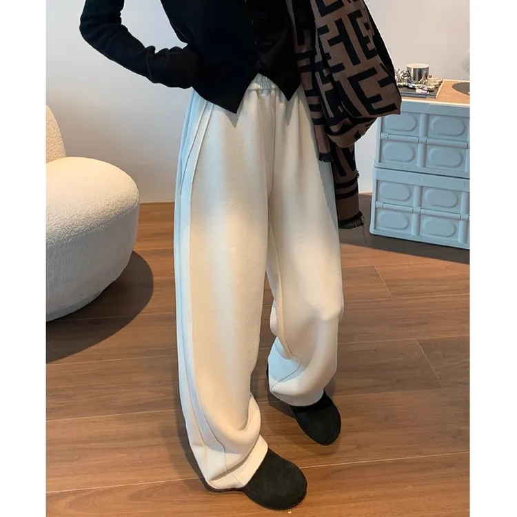 白色阔腿裤女秋冬2025新款高腰蚕丝羊毛呢醋酸垂感弯刀加绒长裤子