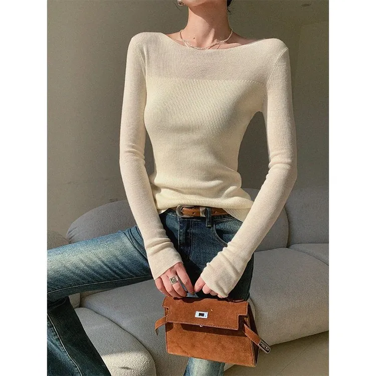 米色长袖针织衫女早秋2025新款气质修身显瘦设计感内搭打底衫上衣