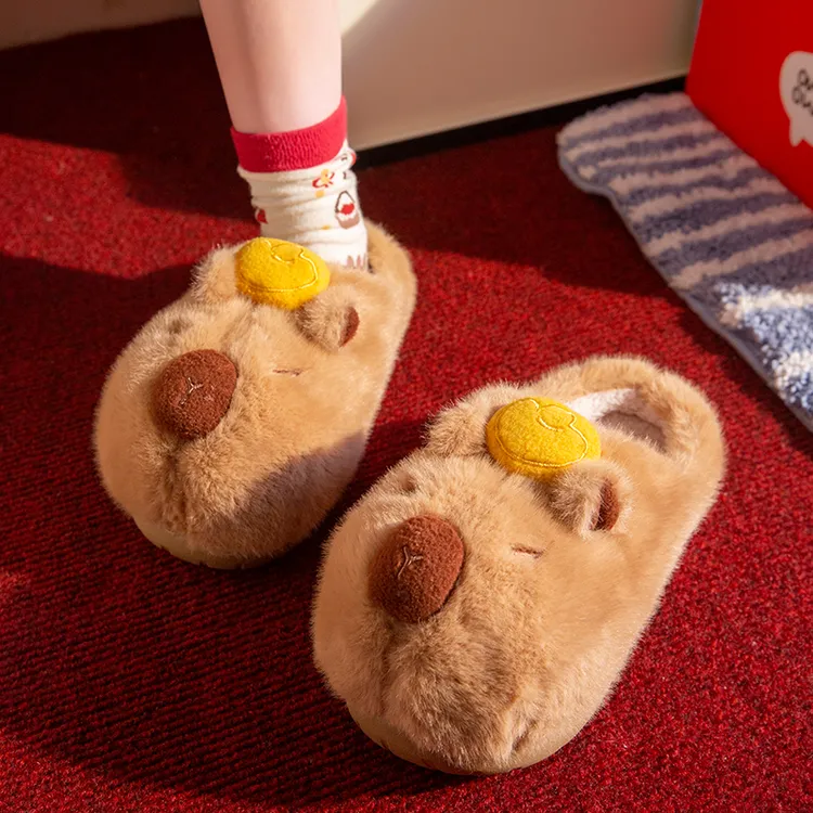 可爱金元宝卡皮巴拉毛毛棉拖女款2025冬季居家保暖防滑厚底棉拖男