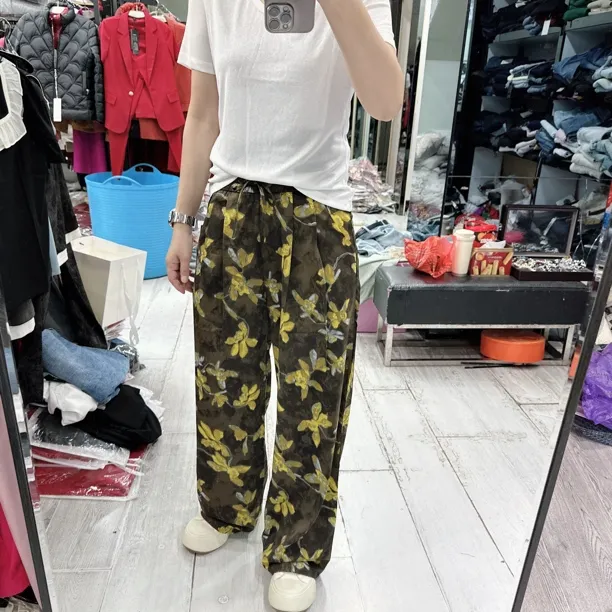 韩版高级花花超凉快4色直筒松紧腰雪纺裤8879品