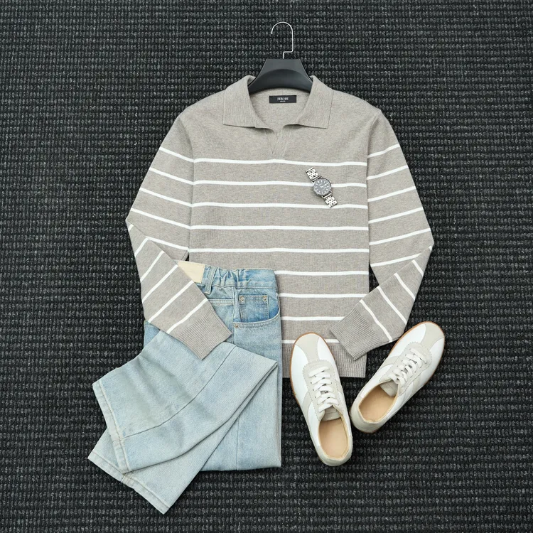 秋冬季男士条纹燕子领针织打底衫商务休闲百搭保暖翻领针织衫