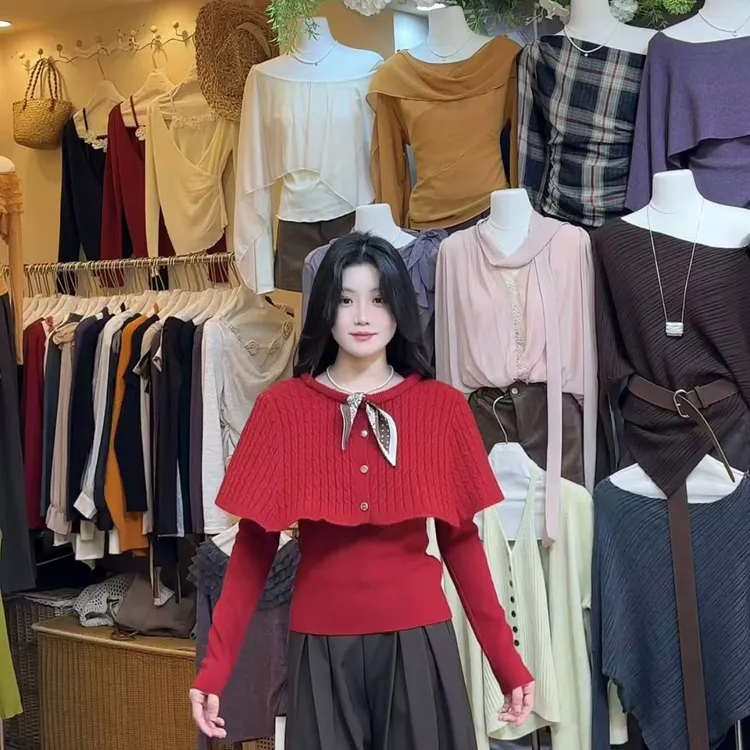 法式复古飘带圆领斗篷披肩针织衫软糯保暖毛衣两件套装女冬季