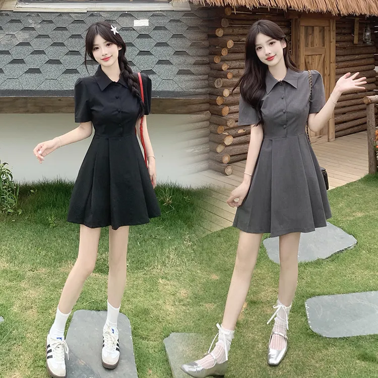 灰色色短袖polo领连衣裙女2025夏季新款宽松显瘦学院风收腰短裙子